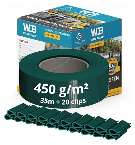 WDB - Sichtschutzstreifen für Doppelstabmatten Sichtschutz Zaun | PVC Windschutz Basic Line - 4,75 cm x 35 m + 20 Stück Befestigungsclips - Grün - RAL 6005