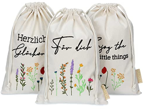 Papierdrachen 3 Leinensäckchen mit Bestickung - Osterverpackung Geschenkverpackung Tischdeko - Stoffsäckchen zu Ostern - Blümchen - 20x30 cm - Set 4