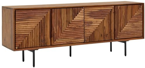 FineBuy Sideboard Sheesham Massivholz 140 cm mit 4 Türen - Massive Retro Kommode mit Schwarzen Beinen - Design Natur Anrichte - Handmade Industrial