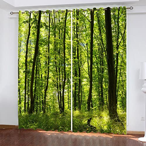 Woowin Verdunklungsvorhänge Wald Gardinen mit Ösen Vorhänge Blickdicht Grüner Dschungel 3D Polyester Thermo Vorhang 2 Stücke kinderzimmer Gardinen für Junge Mädchen Schlafzimmer Dekoration 100X200cm