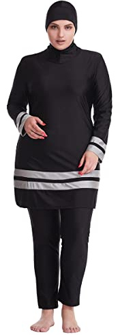 Burkini Damen Muslim Übergröße Frauen Muslimische Bademode Islamisch Arabisch Jilbab Langarm Schwimmoberteile Built in Bra+Schwimmhose+Hijab Kopftuch Khimar 3tlg Ganzkörper Schwimmanzug Schwarz 6XL