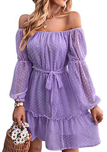 BebreezChic Robe Femme Mini Fluide à Pois Suisses Manches Longues Ceinturé Casual Soirée Cocktail Robe Elégante