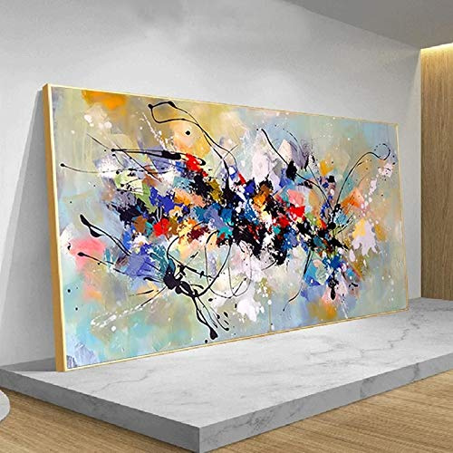 Moderne abstrakte Kunst auf Leinwand, übergroß, bunter Block, Ölgemälde, Druck, XXL, Bilder für Wohnzimmer, Heimdekoration, Wandbild, 80 x 162 cm/32 x 64 Zoll, goldener Rahmen