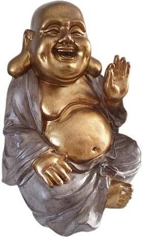 Aspinaworld Große sitzende Buddha Figur mit dickem Bauch Gold 30 cm, Deko Buddha, Moderne Buddha Figur