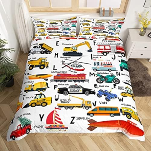 Bagger Bettwäsche 200x200cm, 3Tlg Bettbezüge Set Gelber BAU-LKW-Transporter 3D Motiv mit Reißverschluss und 2 Kissenbezüge 80x80cm,Microfaser Kinderbettwäsche ÖKO-TEX Zertifiziert für Allergiker