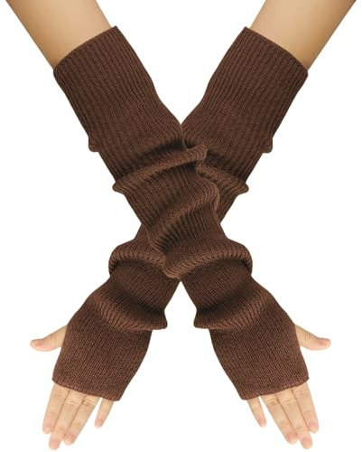 Suxgumoe Fingerlose Handschuhe Damen, Lange Winter Damen Armstulpen, Strick Pulswärmer mit Daumenloch Gestrickte Armwärmer für Damen Mädche (Kaffee)