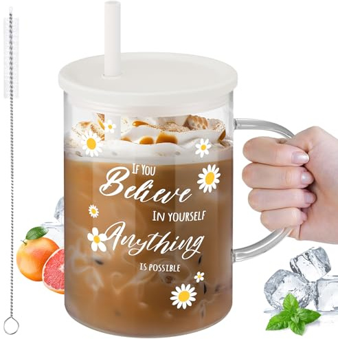 NiHome 1000 ml Glasbecher mit Griff, Deckel und Strohhalm, Robuste Smoothie Becher aus hochwertigem Glas, Luftdichtes Design, Ideal für Kaffee, Tee, Eiskaffee, Smoothies, Reisebecher, Trinkglas(Weiß)