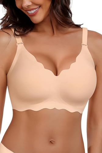 HORISUN Womens Wireless Bras Scalloped Push Up Bralettes No Underwire Supportive Comfortable Everyday Bras (Nude,M)