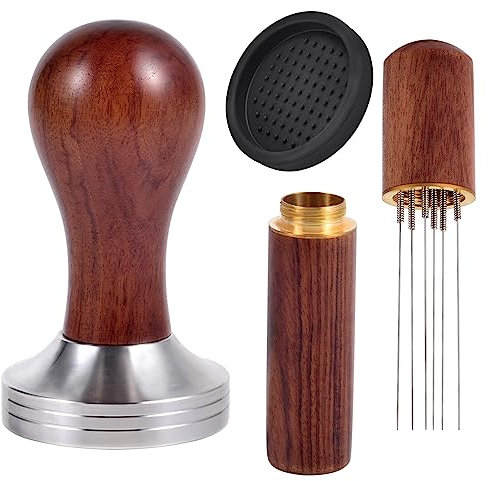 QSWY Coffee Tamper 53mm, Wdt Tool with 6 0.4mm Thick Stainless Steel Espresso Needle, Espresso Tamper Barista Set for Cafes and Coffee Lovers