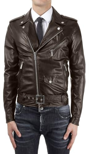 Chiodo Biker In Vera Pelle Marrone Uomo Slim Con Fibbia Quadrata Rindway, M, Trapunta (Autunno-Inverno), Marrone Scuro