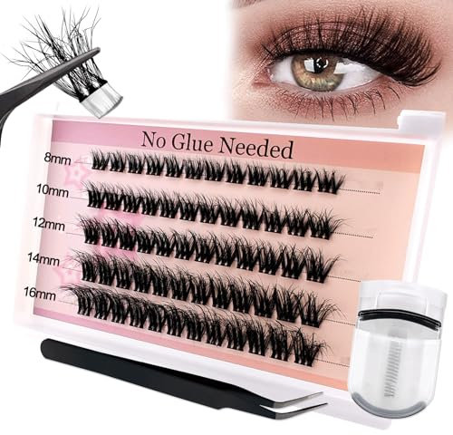 Selbstklebende Wimpern Cluster Kit with Lashes Curler, vorgeklebte Wimpernbüschel 60 Stück Flauschiges C Curl Einzelwimpern 8-16mm Kein Kleber Kein Entferner benötigt DIY Wimpernverlängerung Kit(W53)