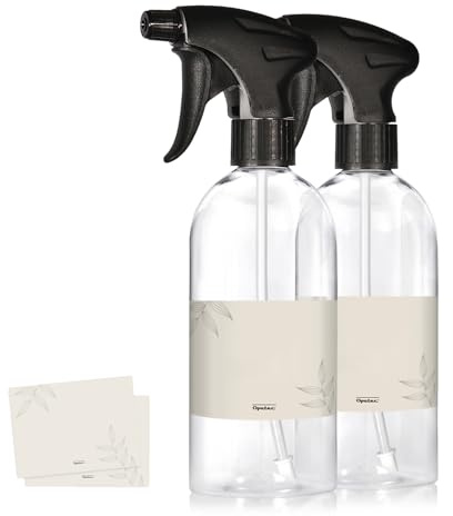 Oputec 2 x 500ml Sprühflaschen aus Kunststoff Transparent, zum Befüllen, mit ergonomischem Sprühkopf + Etiketten – Leere Wassersprühflaschen für Pflanzen, Blumen, Reinigungsmittel, Haarpflege und mehr