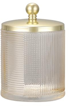 Indecor Home Tan Colored Tranlucent Apothecary Ribbed Geometric Etched Glass Jar W/Gold Metal Lid Cover for Bathroom Organization, Cotton Balls, Q Tips, and Small Accessories, Bathroom Storage