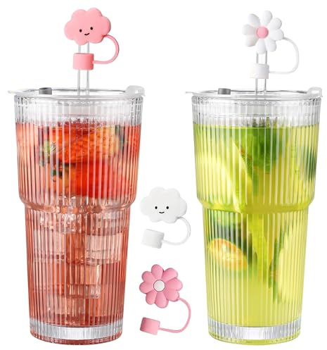GwaOery Vaso de cristal de 600 ml con tapa y pajita, vaso de cristal con pajita y tapa, juego de vasos largos para zumos, café, agua, té, café helado, cócteles de agua
