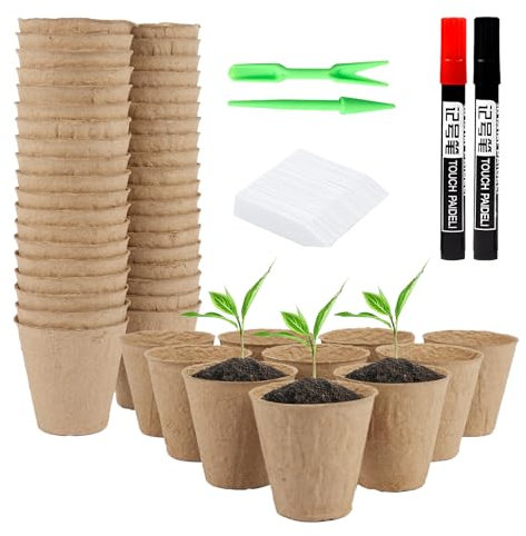 100Pcs Round Fibre Seed Pots 8cm, Biodegradable Seedling Pot with 100 Plant Labels Kits, Compostable Transplanting Pots Recyclable for Garden Greenhouse Plants Flower Fruits Vegetables