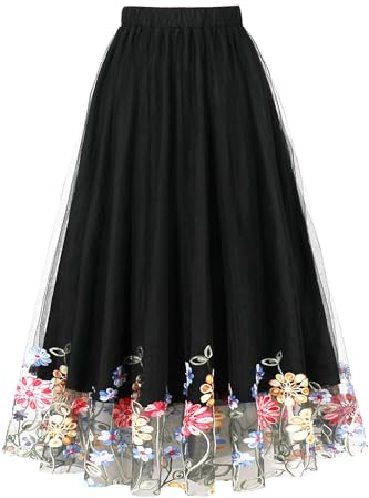 AXOE Damen Tüllrock Midi Lange 3-Lagen A Linie Rockabilly Rock für Sommer Festlich Hochzeit Schwarz mit Floral Gestickt F09, Gr.42-46, XXL