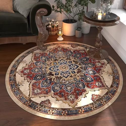 Tospass Vintage Boho Rund Teppich Waschbarer Wohnzimmer Orientalischer Stil Sofa Teppich Kurzflor Couchtischmatte, Bunter Muster Rutschfester Carpet für Schlafzimmer. 200 cm