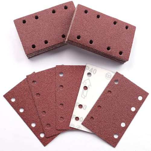 Sruhrak 50 Piezas 80x133mm Lijas para Lijadora, 40 Grano Rectangulares Papel de Lija 8 Agujeros Hojas de Lija para Rectangulares Lijadoras y Lijadora Orbital