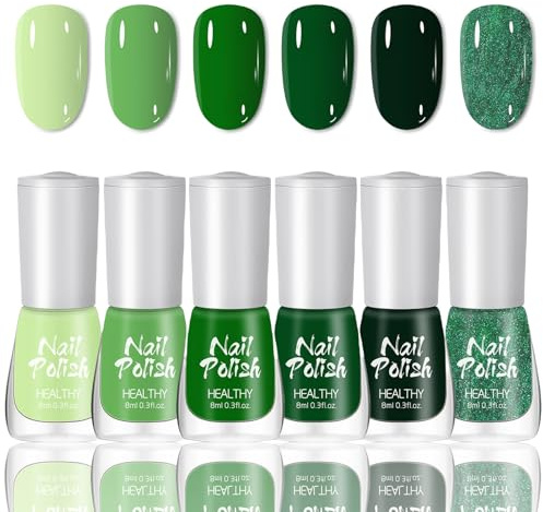 6 Farben Nagellack Grün Set - Atmungsaktiv Schnell Trocknend Nagelack - Ungiftig Nagellack auf Wasserbasis - Hochglanz Glitzer Nail Polish für Frauen DIY Salon Geschenk Maniküre (Green)