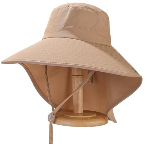 Huakunda Damer solhatt utomhus brett brätte safari-hatt med nackskydd fiskarhatt vikbar trädgårdshatt för resor vandring, kaki, one size