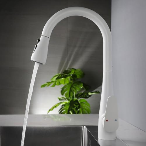 EGSO Wasserhahn Küche Weiß, Küchenarmatur Ausziehbar Hochdruck, 360° Schwenkbar Armatur Mischbatterie Küche, 3 Funktionen Einhebel Spültischarmatur Küche, Messing