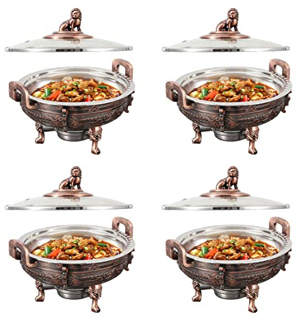 WDSOPK Plats À Réchaud Et Chauffe-Plats, Lot De 2 Ou 4, Ensemble De Buffet Rond pour Repas De Fête en Cuisine - Comprend Un Bac À Nourriture Et des Supports À Combustible（4 Pack）