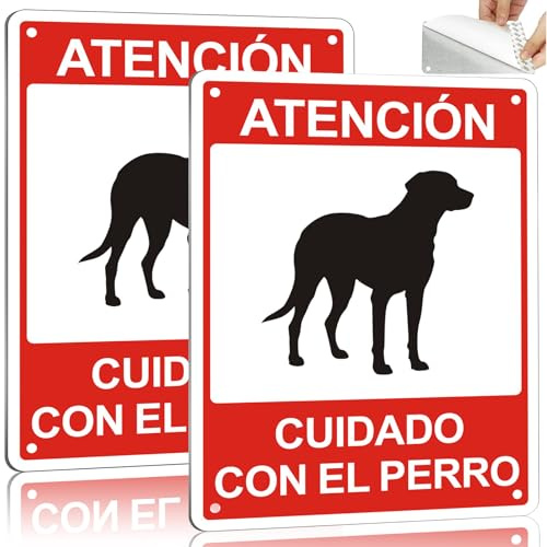 ROUMIO® 2 Piezas carteles perro peligroso de aluminio - 15 x 20 cm - Con pegatinas autoadhesivas y agujeros reservados - Patrones llamativos - Robustas y duraderas (Señal Cuidado Perro)