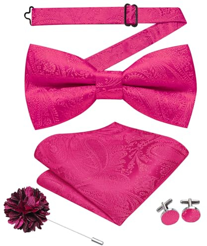 Hi-Tie Fuchsia Pre-tied Bow Ties for Men Silk Clip On Mens Bow Tie Adjustable Bowtie Flower Lapel Pin Hanky Cufflinks Set