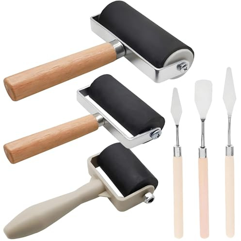 6 Pcs Brayer Roller, 3 Size Rubber Roller Paint with 3 Palette Knife for Printmaking DIY Art Craft, Oil Painting Tool and Ink Applicator Art Craft (1.4/2.4/4 in)