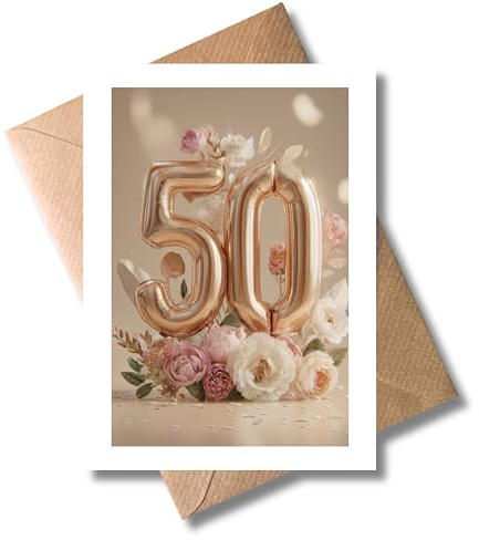 WBdesignz Geburtstatgskarte Alles Gute zum Geburtstag - 50 mit Umschlag - edle Glückwunschkarte mit rosegoldenen Ballon-Zahlen & Blumen - Grußkarte für Frauen zum Fünfzigsten (DIN A6)