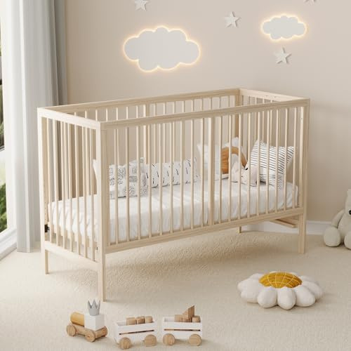 MURUL Holz Babybett, 140x60x90cm multifunktionales Babybett, umwandelbar in Nebenbett/Malerbrettständer/Schreibtisch, höhenverstellbar, ohne Matratze, aus Fichte, naturfarben