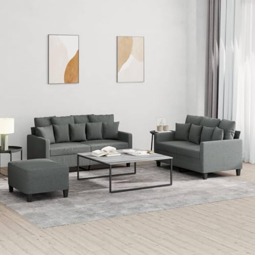 QUAHEAS 3-TLG. Sofagarnitur mit Kissen Dunkelgrau Stoff, 2X 2-Sitzer Sofa & Fußhocker, Robustes Metallgestell, Bequeme Polsterung für Wohnzimmer Möbel