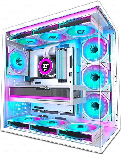 HYXN H1 ATX PC Case-Installed with 7 Infinity Mirror PWM ARGB Fans, Dual Chamber Mid-Tower Gaming PC Case, with Type-C, Simultaneous Installation of 2x 360mm Radiators (White-M, H1)