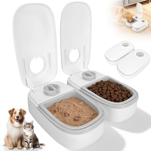 2 Meal Automatic Cat Feeder with 48-Hour Timer, 700ml Dry and Wet Food Dispenser, Easy to Use & Clean Timer Pet Feeders, Dual Bowl 350ml Cat Feeding Station for Small to Medium Cats and Dogs (Grey)