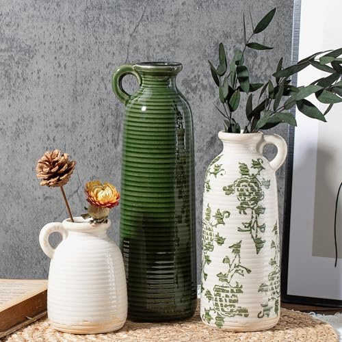 Sawoake Ceramic Vase Set of 3 with Handles, Green White Neutral Rustic Modern Farmhouse Boho Decor, Versatile as Table Centrepiece or Mantel & Shelf Accent - Unique Home Gift Idea