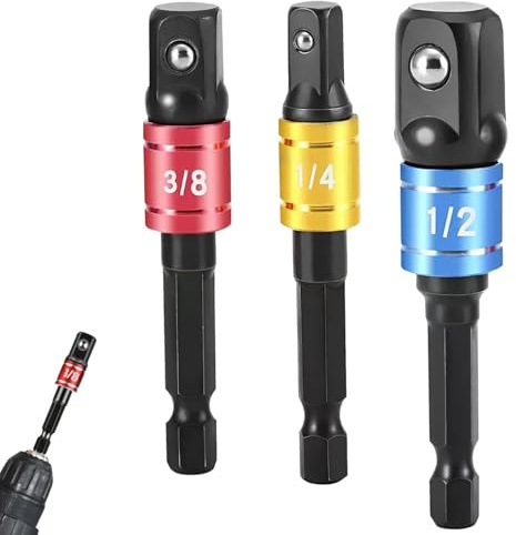 3Pcs Impact Driver Socket Adapter Set, 1/4 3/8 1/2 Quick Change Drill Bit Converter, Durable Chrome Vanadium Steel Extensions for Drill & Impact Wrench
