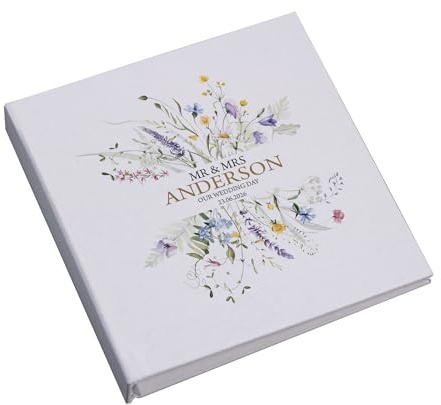 Ukgiftstoreonline Personalised Wedding Photo Album, Book Bound, Linen Cover, Wildflower Design, Holds 120 Photos, 4x6 Inch, 22cm x 22cm, Keepsake Gift