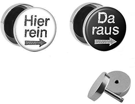 Treuheld® | Set - Hier REIN DA Raus - witzige Ohrstecker zum Schrauben mit Spruch (Fake-Plugs) - Ø 10mm - 2 farbig: Schwarz & Weiß - Silber - LUSTIGE Ohrringe Chirurgenstahl für Herren + Damen