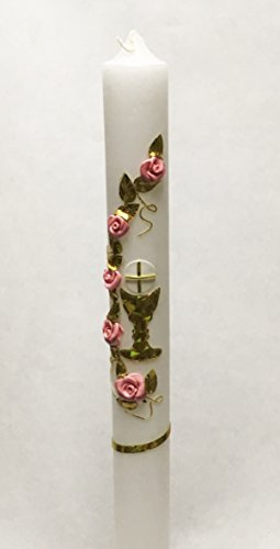 Taufkerze Kommunionkerze K-7 Gold/Rosa inkl. Tropfschutz und Beschriftung KW-JO-K07