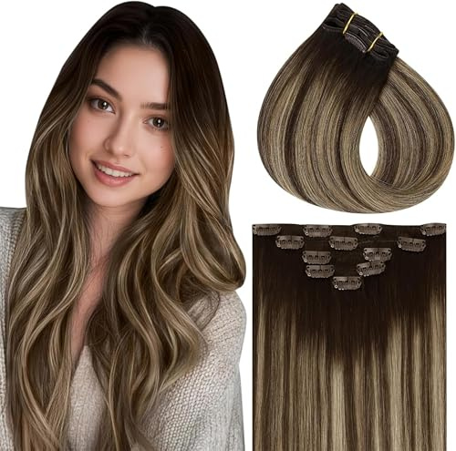 Vivien Echthaar Extensions Clip 30cm Balayage Braun Invisible Clip in Extensions Echthaar Ombre Braun bis Honigblond Kurz 80g 5PCS #4/27/4