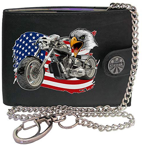 Klassek Motorcycle Chopper American USA Flag Bald Eagle Head Motor Bike Mens Chain Wallet Gift Box Brand Real Black Leather RFID Blocking with Coin Pocket