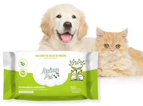 Italian Pet - Salviette Biodegradabili Olio di Neem - Salviettine Antiparassitarie - Protegge Cani, Gatti, Animali Domestici da Pulci, Zecche, Pappataci - 50 Salviette BIO Monouso - 20x30 cm
