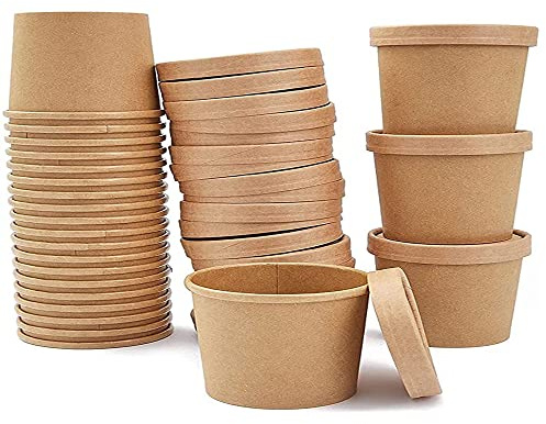 Kalsey 20 Piezas Contenedores para Lleva, Cartón de Comida, Cartón de Sopa, Contenedores de Ensalada de Papel Kraft con Tapa, a Prueba de Agua y Aceite para Utilizado En Sopas, Bebidas, Restaurantes