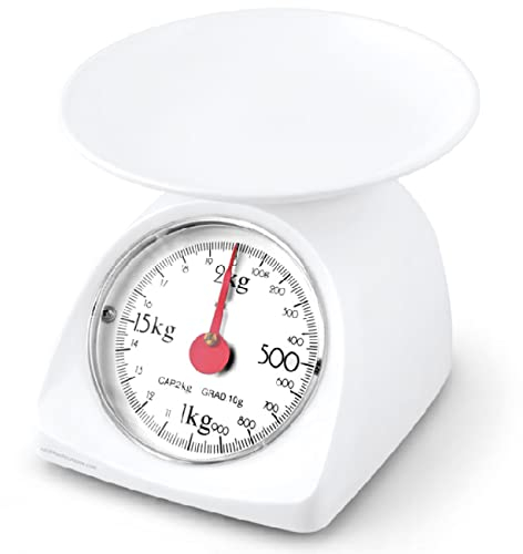 Peso de cocina mecánico. Superficie de plástico lisa. Capacidad max: 2kg. Escalado: 10g.