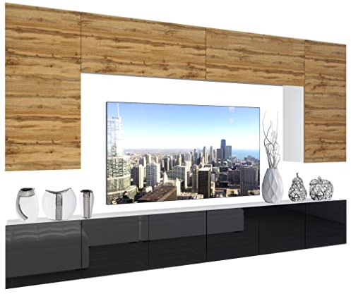 BELINI - Unité Murale TV NEX I Ensemble Muebles de Salon Complet I Ensemble Meuble TV avec Illumination LED I Dimensions: 300 x 180 x 36 cm I Coleur: chêne wotan/Noir très Brillant 1
