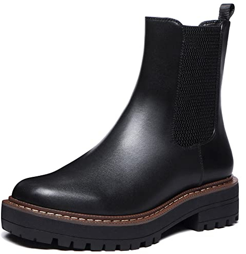 Athlefit Women's Chelsea Ankle Boots Platform Slip On Chunky Heel Lug Sole Leather Booties Black 7.5