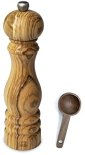 Peugeot Paris Olivier - Set regalo per macinapepe in legno di ulivo, con paletta in legno (22,5 cm, macinapepe con scoop)