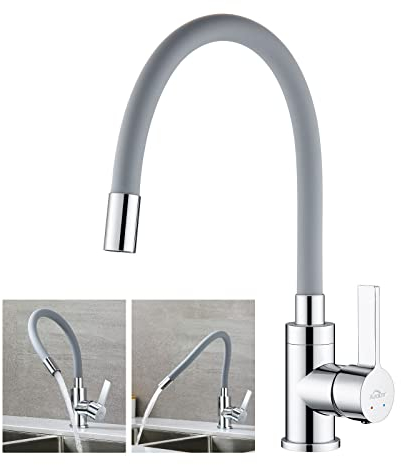 Robinet Cuisine Flexible, Auralum Mitigeur Cuisine Pivotant à 360°, Robinet de Cuisine avec Tuyau en Silicone Flexible, Robinet Evier à Eau Chaude et Froide (Gris)