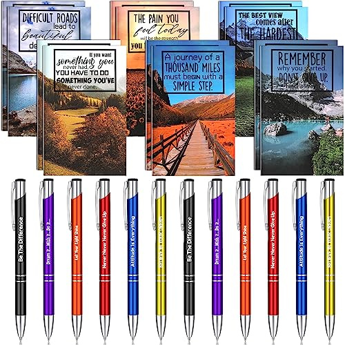 Geyee 24 Pcs Mini Motivational Pens Inspirational Notepads Bulk Appreciation Gifts Small Journals Funny Ballpoint Pen Set Prizes Men Women Office Travel Party Favors(Scenery)