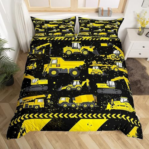 GIENDI Bettwäsche 200x200cm, Technisches Fahrzeug Bettbezüge Set Cartoon-gelber Bagger-LKW 3 Teilig mit Reißverschluss und 2 Kissenbezüge 80x80cm,Microfaser Kinderbettwäsche ÖKO-TEX für Allergiker